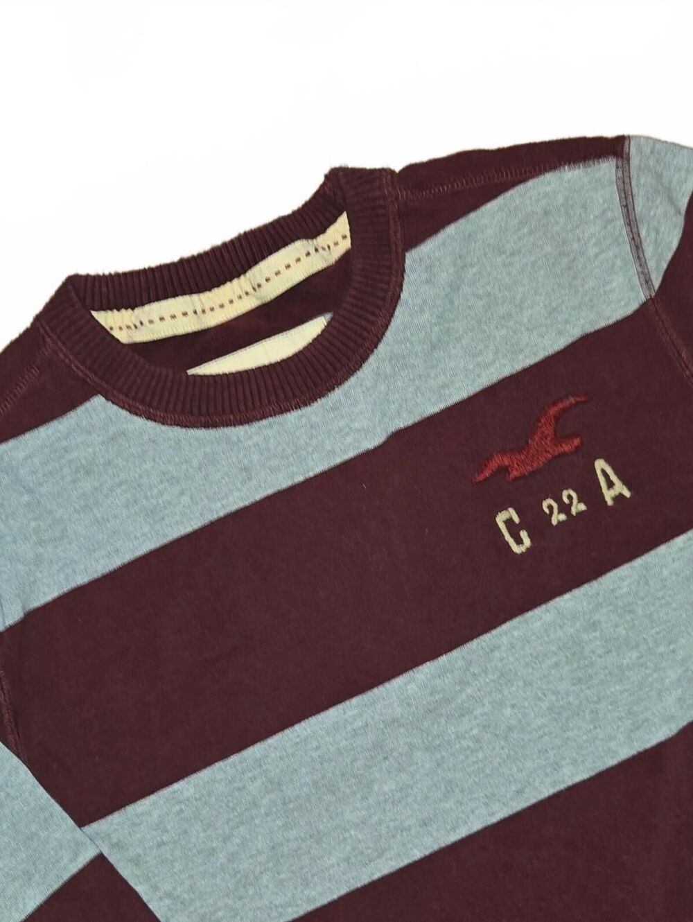 Y2K Hollister Striped Long Sleeve Shirt Men's Medium Burgundy Gray Embroidered